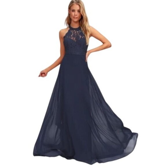 Lulus Dance All‎ Evening Navy Blue Lace Open-Back Maxi Dress Size L - Picture 1 of 14